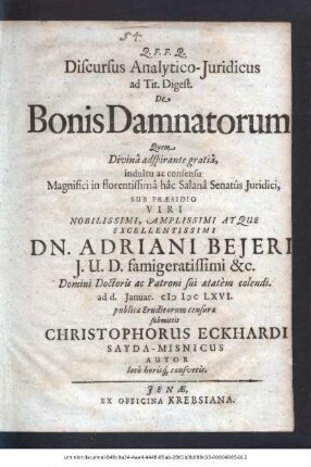 Discursus Analytico-Iuridicus ad Tit. Digest. De Bonis Damnatorum