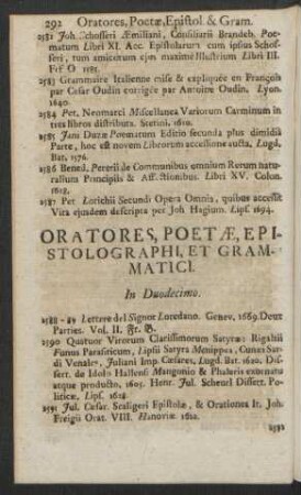 Oratores, Poetae, Epistolographi Et Grammatici. In Duodecimo