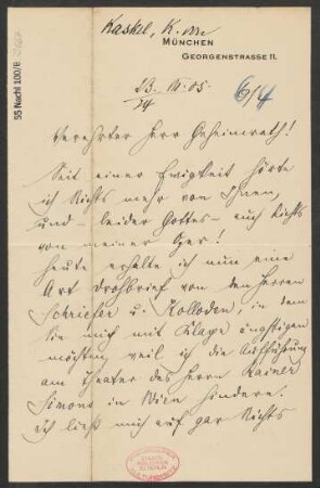 Brief an Ludwig Strecker  und B. Schott's Söhne : 23.03.1905