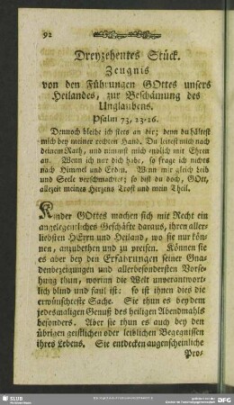 Dreyzehentes Stück. Zeugnis von den Führungen Gottes unsers Heilandes, zur Beschämung des Unglaubens