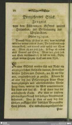 Dreyzehentes Stück. Zeugnis von den Führungen Gottes unsers Heilandes, zur Beschämung des Unglaubens