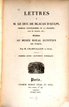 Lettres à Ms. le duc de Blacas relatives au Musée royal Egyptien de Turin : Lettre 1.2.