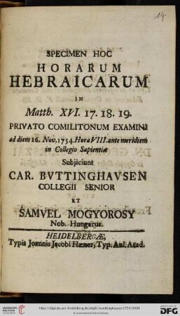 Specimen Hoc Horarum Hebraicarum In Matth. XVI. 17. 18. 19 Specimen Hoc Horarum Hebraicarum In Matth. XVI. 17. 18. 19