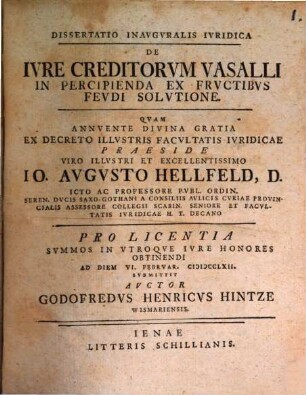 Dissertatio Inavgvralis Ivridica De Ivre Creditorvm Vasalli In Percipienda Ex Frvctibvs Fevdi Solvtione