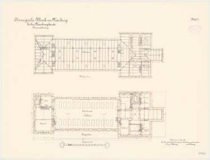 Chirurgische Klinik der Philipps-Universität Marburg: Linkes Krankengebäude: Grundriss Obergeschoss, Dachgeschoss 1:100