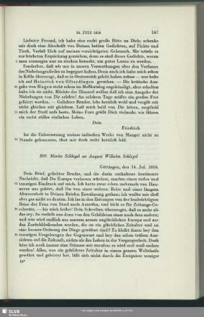 Karl August Moritz Schlegel an August Wilhelm von Schlegel, Göttingen, 14.07.1810