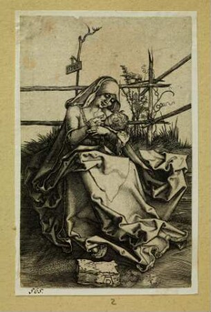 Maria auf der Rasenbank, das Kind stillend