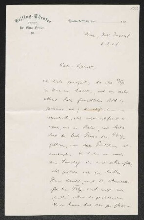Brief von Otto Brahm von Lessing-Theater  an Gerhart Hauptmann