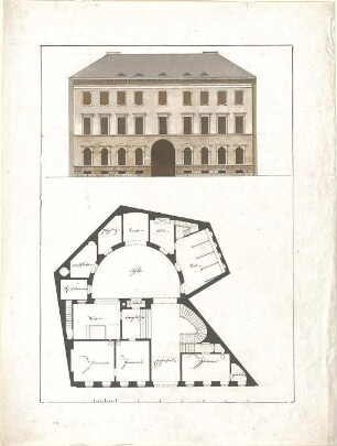 Speeth, Peter; Phantasiegrundrisse in vorgegebener Form - Wohnhaus mit Stallung (Grundriss, Ansicht)