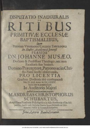 Disputatio Inauguralis De Ritibus Primitivae Ecclesiae Baptismalibus