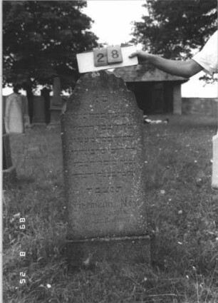 Grabstein 28 (Index: 100108095) Material: grauer Kunststein Zustand: bewachsen Maße HxBxT: 120x48x15 cm Beschreibung: Stele mit mehrfach eingezogenem Rundbogenabschluß, Sockel: Grabstein 28