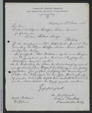 Brief der Ortsgruppe Magdeburg an Helene Lange
