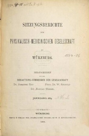 Sitzungs-Berichte der Physikalisch-Medizinischen Gesellschaft zu Würzburg. 1884