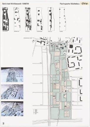 Städtebaulicher Entwurf für den Ausbau des Ortszentrums Berlin-Buch Schinkelwettbewerb 1999: Lageplan 1:2500, schematische Lagepläne, Modellfotos
