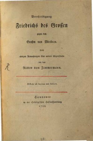 Vertheidigung Friedrichs des Großen gegen den Grafen von Mirabeau : Nebst einigen Anmerkungen über andere Gegenstände