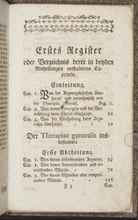 Erstes Register oder Verzeichnis derer in beyden Abtheilungen enthaltenen Capitteln.