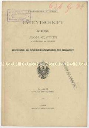 Patentschrift einer Neuerung an Sicherheitsschwengeln für Fuhrwerke, Patent-Nr. 11080