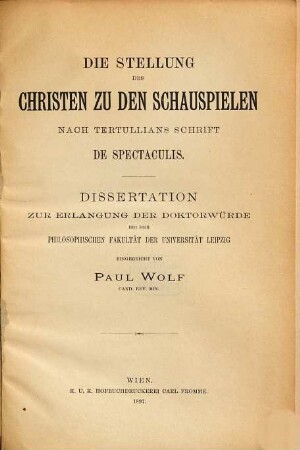 Die Stellung des Christen zu den Schauspielen nach Tertullians Schrift De spectaculis