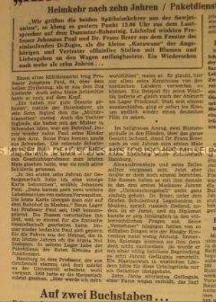 Zeitung "Hamburger Anzeiger" mit Bericht über die Heimkehr von Johannes Paul aus russischer Gefangenschaft; Hamburg, 17. Aug. 1955