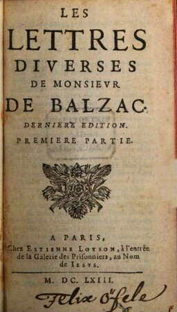 Les Lettres Diverses De Monsievr De Balzac, 1
