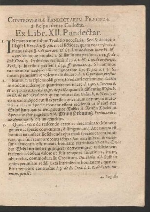 Controversiae Pandectarum Praecipuae a Respondente Collectae. Ex Libr. XII. Pandectar.