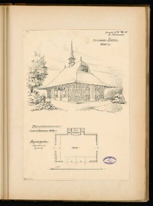Schutzhalle mit Milchausschank im Berliner Tiergarten Monatskonkurrenz Januar 1892: Grundriss, perspektivische Ansicht; Maßstabsleiste