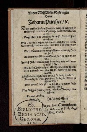 An den WohlEdlen Gestrengen Herrn Johann Puecher/ etc.