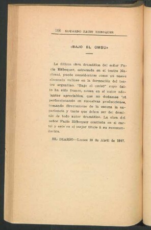 "Bajo el Ombú" - Juicio de "El diario"- Lunes 15 de Abril de 1907.
