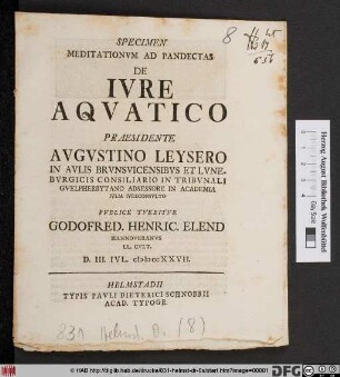 Specimen Meditationvm Ad Pandectas De Ivre Aqvatico