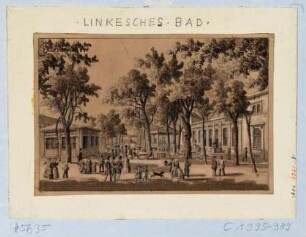 Eingang in das Linckesche Bad an der Mündung der Prießnitz (1776 gegründet, mit Mineralwasserbad, Theater 1858 für Ausflugsgasthof abgerissen)