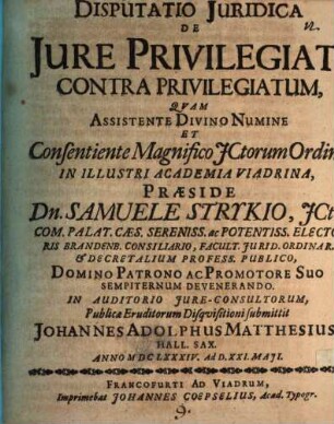 Disputatio juridica De jure privilegiati contra privilegiatum