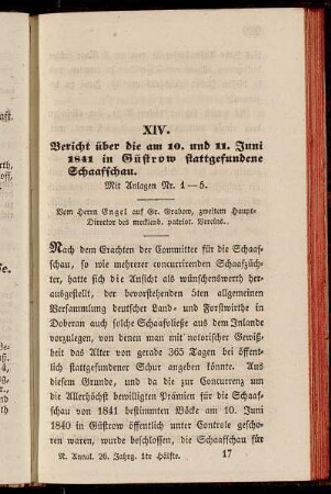 XIV. Bericht über die am 10. und 11. Juni 1841 in Güstrow stattgefundene Schaafschau