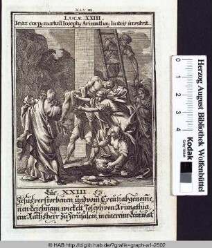 Joseph von Arimanthia wickelt Jesu Leib in ein Leintuch.