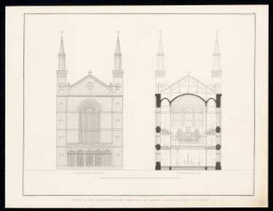 Kirche in der Oranienburger Vorstadt, Berlin, Nr. 3: Giebelfassade, Querschnitt (aus: Sammlung Architektonischer Entwürfe, Berlin 1858)