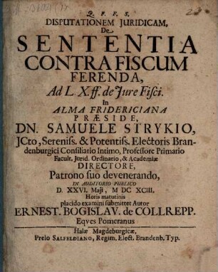 Diss. ... de sententia contra fiscum ferenda