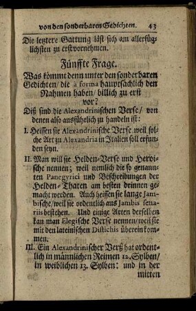 Fünffte Frage. [Von den Alexandrinischen Versen] – Achte Frage. [Von den Ringel-Oden]