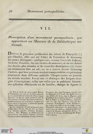 VII. Description d’un monument persepolitain, qui appartient au Muséum de la Bibliothéque national