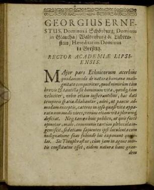 Georgius Ernestus, Dominus a Schönburg/ [...] Rector Academiæ Lipsiensis.