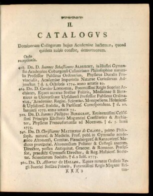 II. Catalogus Dominorum Collegarum hujus Academiae, hactenus, quoad quidem nobis constat, demortuorum.