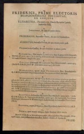 Friderici, Primi Electoris Brandenburgici Posteritas