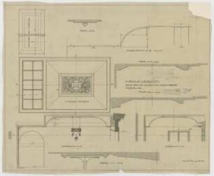 Thiersch, Friedrich von; Wiesbaden; Kurhaus - Decke über der Haupttreppe Südwest (Ansicht, Querschnitt, Längsschnitte, Details)