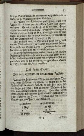 Das fünfte Capitel. Die vier Species in benannten Zahlen.