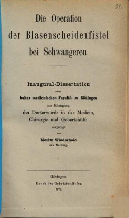 Die Operation der Blasenscheidenfistel bei Schwangeren