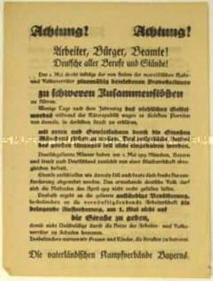 Flugblatt der Vaterländischen Kampfverbände Bayerns gegen die geplante Demonstration der KPD in München am 1. Mai 1923