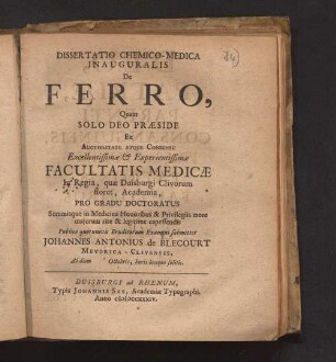 Dissertatio Chemico-Medica Inauguralis De Ferro