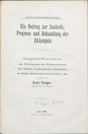 Ein Beitrag zur Statistik, Prognose und Behandlung der Eklampsie