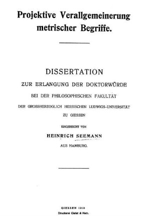 Projektive Verallgemeinerung metrischer Begriffe