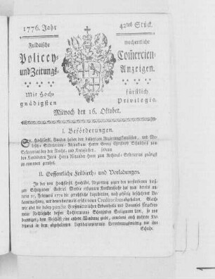 42tes Stück, Ausgabe vom 16. Oktober 1776