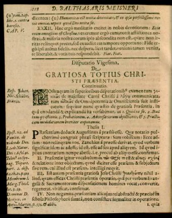Disputatio Vigesima, De Gratiosa Totius Christi Praesentia.
