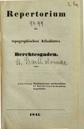 Repertorium des topographischen Atlasblattes Berchtesgaden